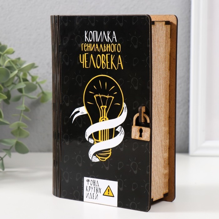 Книга-копилка для денег «Гениальный человек», для купюр, монет, дерево, 17.5×12×5 см, МИКС