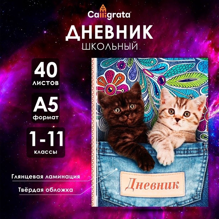 Дневник школьный для 1-11 классов, «Котята в кармане», твёрдая обложка 7БЦ, глянцевая ламинация, 40 листов
