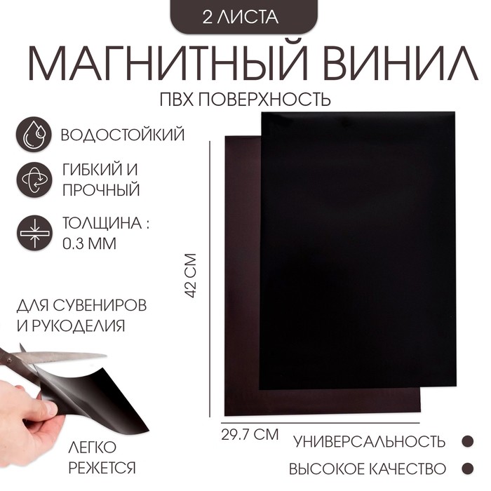 Магнитный винил, c ПВХ поверхностью, TAKE IT EASY, А3, набор 2 шт., толщина 0.3 мм, 42×29.7 см, черный