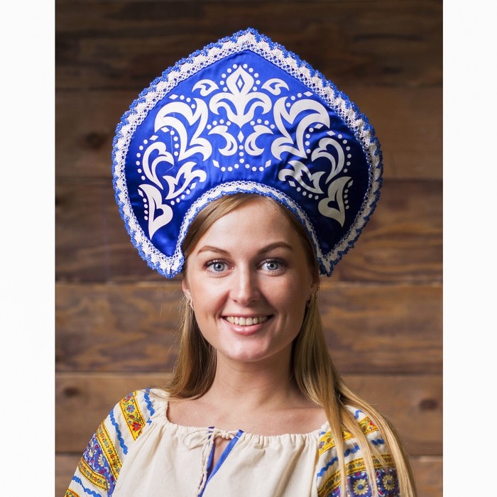 Кокошник русский народный «Морозный узор», атлас, синий