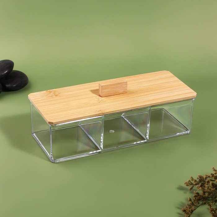 Органайзер для хранения «BAMBOO», с крышкой, 3 секции, 23.3×9.4×8.9 см, прозрачный, коричневый