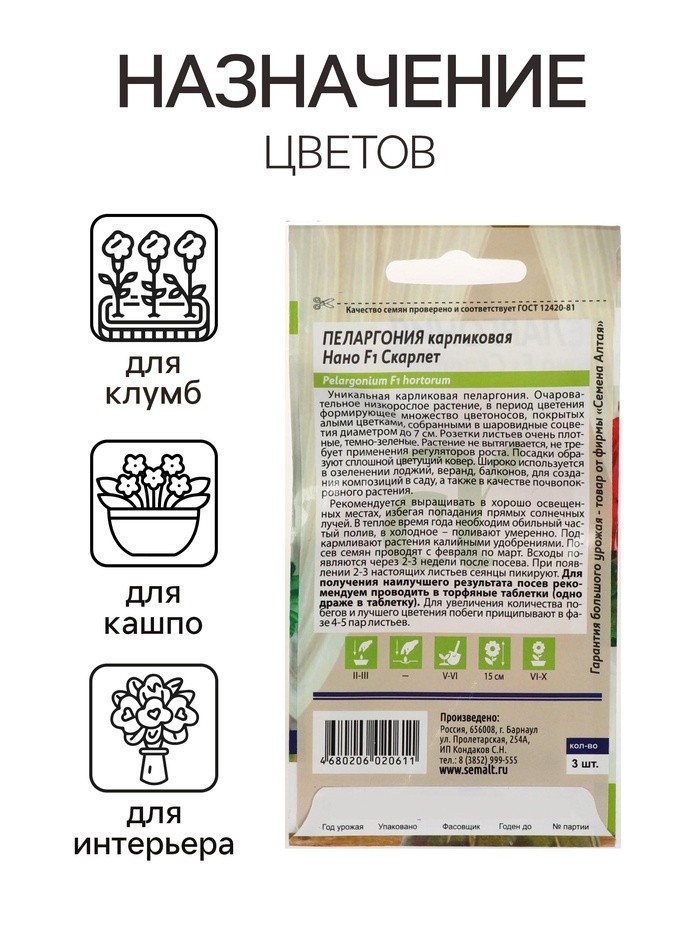 Семена цветов Пеларгония "Нано", ц/п,  "Скарлет", ц/п,  3 шт (Цена за 5 шт.)