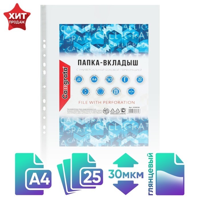Файл - вкладыш Calligrata, А4, 30 мкм, глянцевый, вертикальный, 25 штук